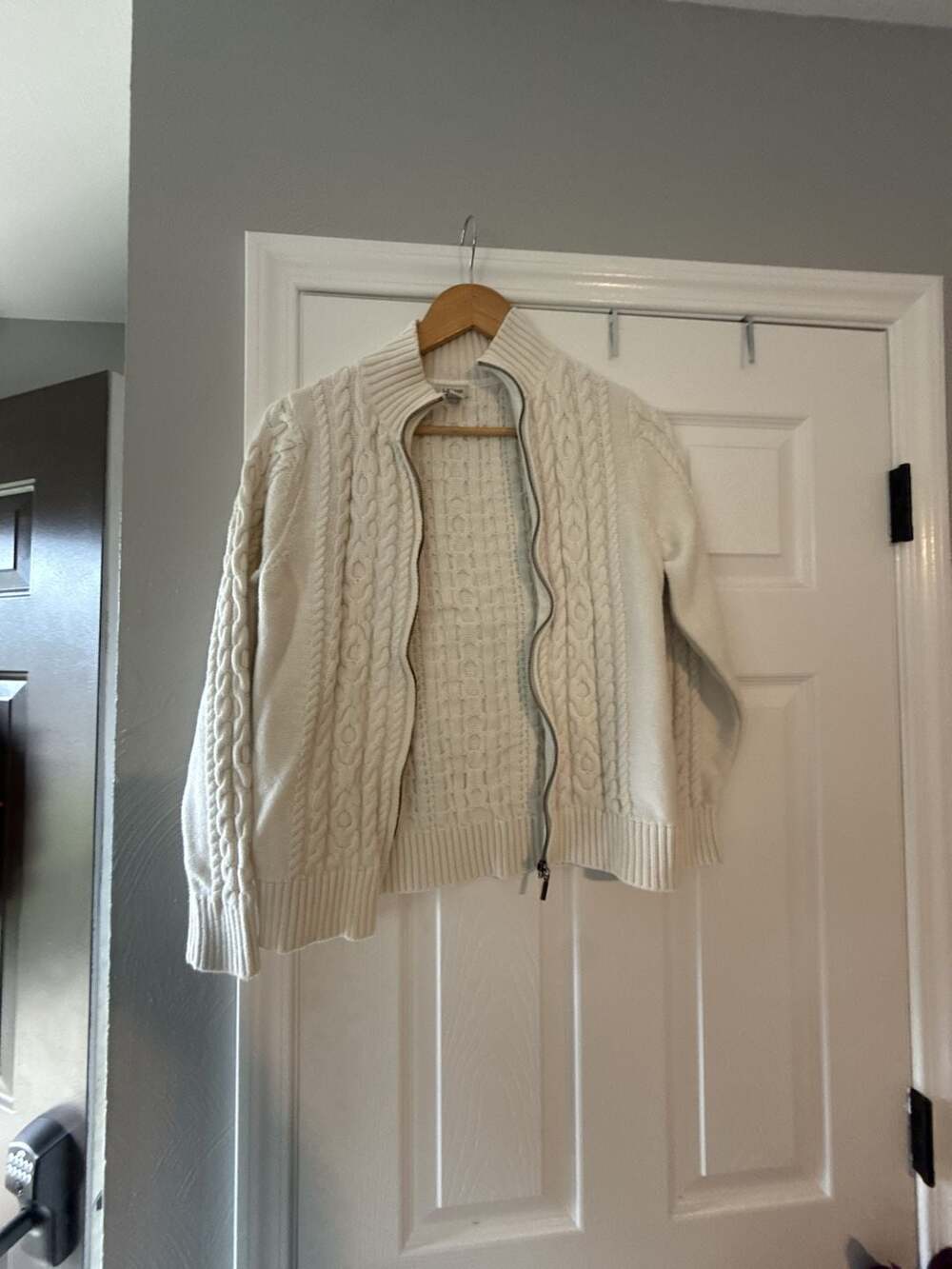 L.L. Bean Cable Knit Full Zip Sweater Ivory Cotton Size M